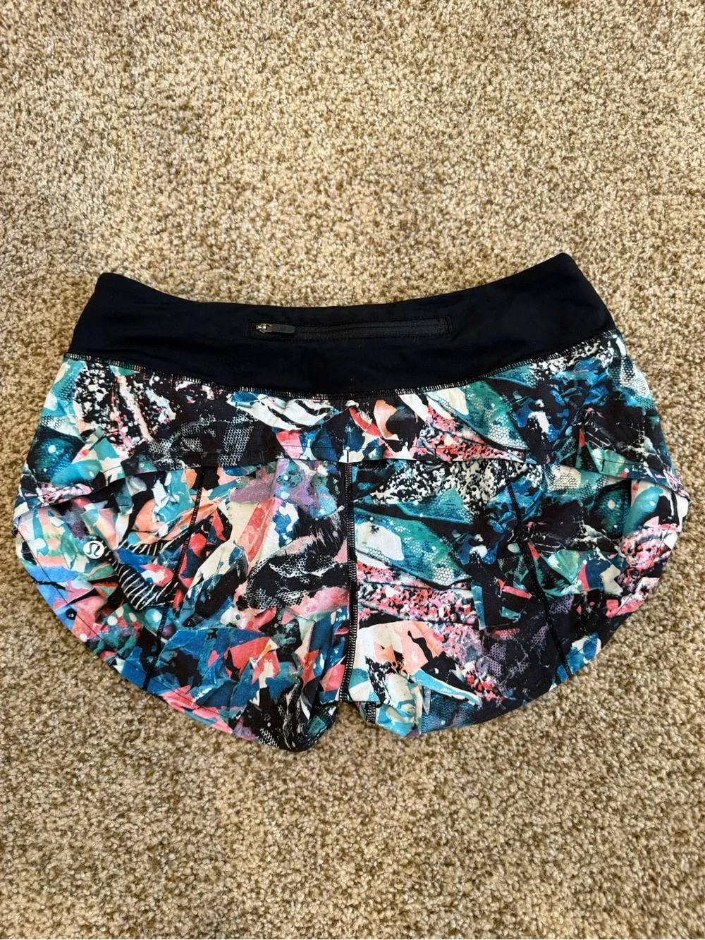 lululemon athletica Black Waistband Multicolor Abstract Running Shorts